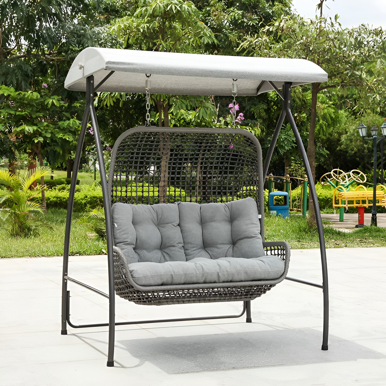D006 Rattan Wicker Double Seat Outdoor Garden Swing Chair with Canopy